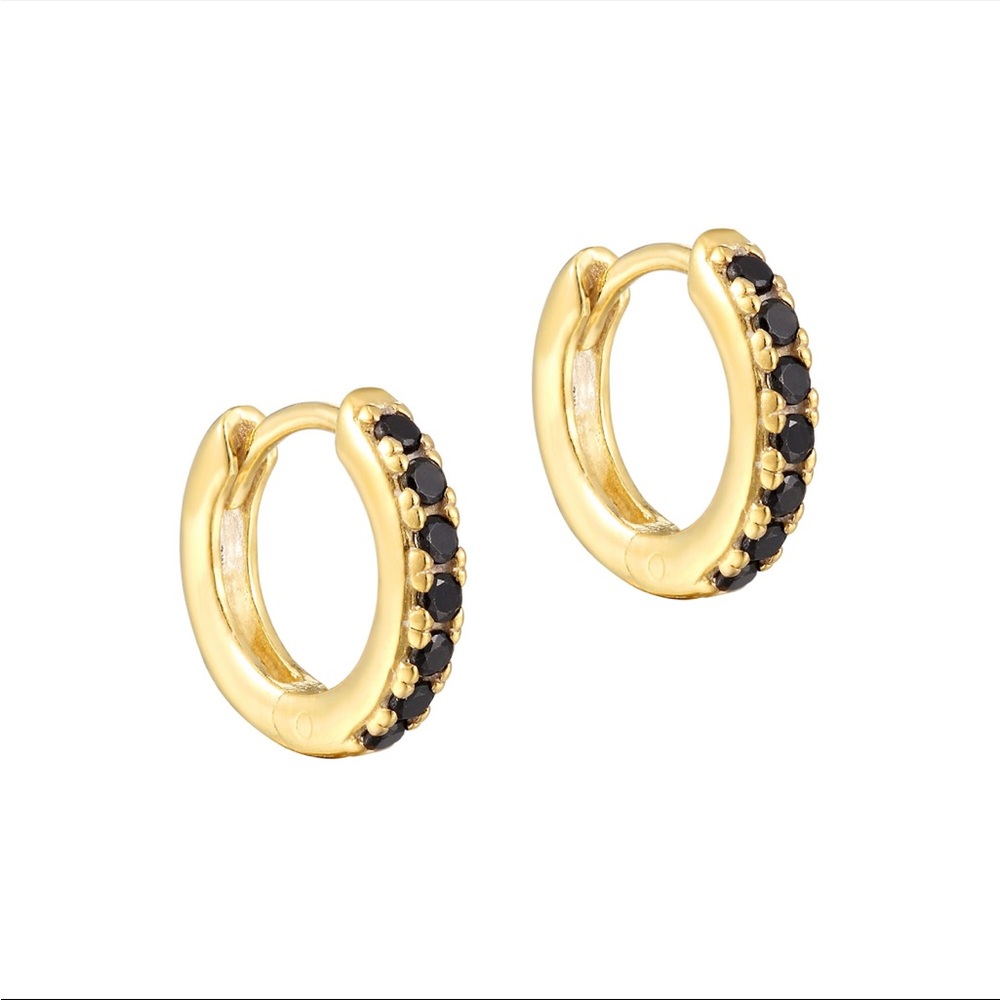 14K Gold Plated Pave Black Onyx Crystal Cz Gem Mini Huggie Hoop Earrings